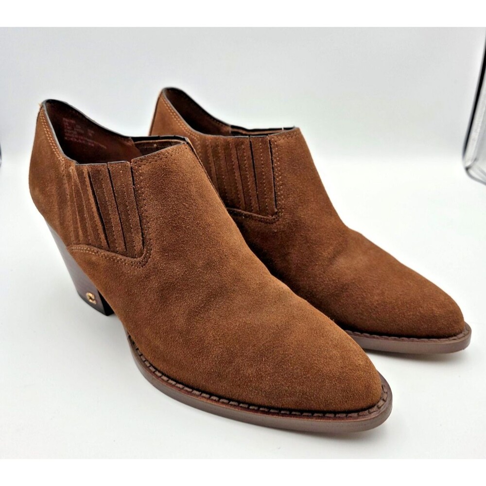 Coach Women's Gorgeous Brown Suede Ankle Booties Stacked Heel Size 7.5
